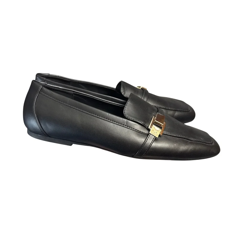 Calvin Klein Mens Black Leather Square Toe Loafers Silver CK Buckle Size 9M
